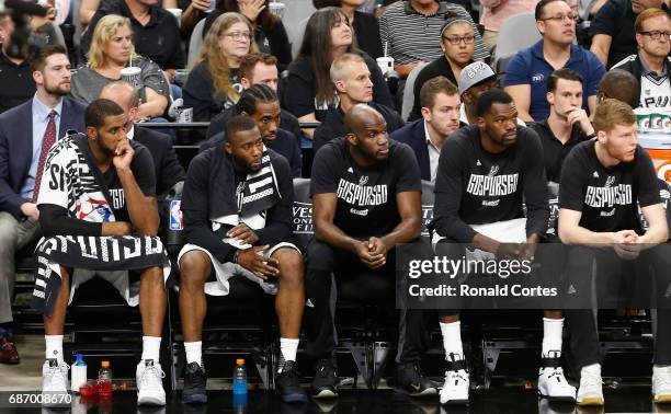 The San Antonio Spurs bench looks on in the second half against the Golden State Warriors during Game Four of the 2017 NBA Western Conference Finals...