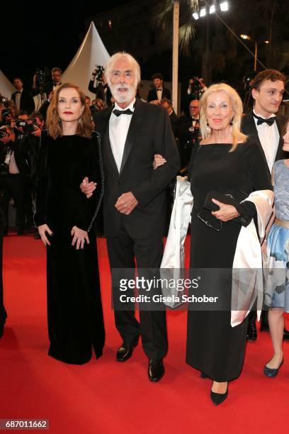 Isabelle Huppert, director Michael Haneke, and his wife Susi Haneke attend the "Happy End" screening during the 70th annual Cannes Film Festival at...