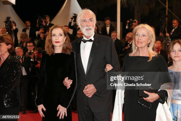 Isabelle Huppert, director Michael Haneke, and his wife Susi Haneke attend the "Happy End" screening during the 70th annual Cannes Film Festival at...