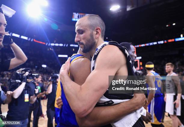 Manu Ginobili of the San Antonio Spurs reacts after the Golden State Warriors defeated the San Antonio Spurs 129-115 in Game Four of the 2017 NBA...