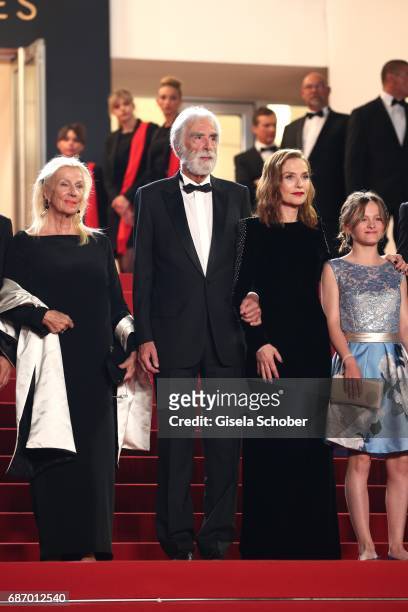 Isabelle Huppert, director Michael Haneke, Susi Haneke and Fantine Harduin attend the "Happy End" screening during the 70th annual Cannes Film...