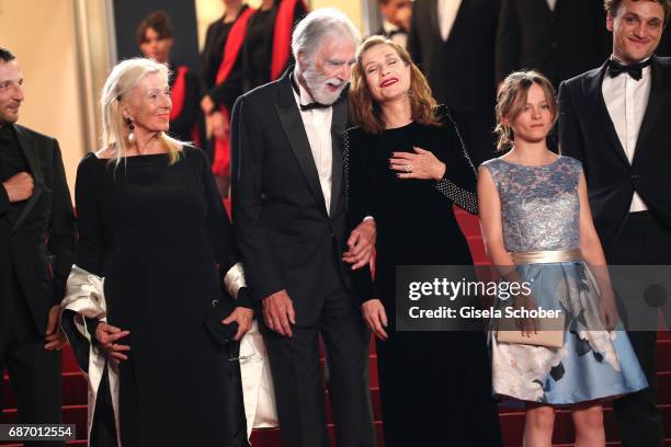 Susi Haneke, director Michael Haneke, Isabelle Huppart, Fantine Harduin and Franz Rogowski attends the "Happy End" screening during the 70th annual...