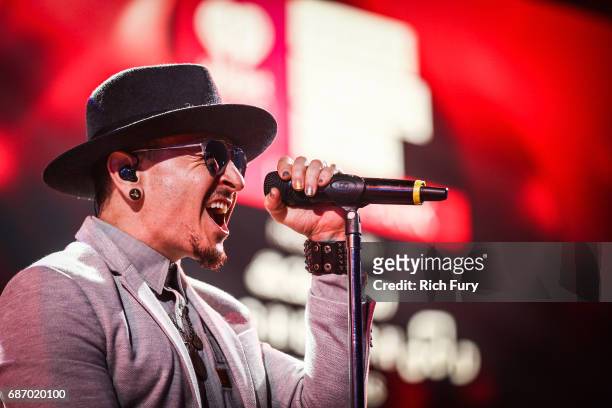 Chester Bennington of Linkin Park performs on stage at the iHeartRadio Album Release Party presented by State Farm at the iHeartRadio Theater Los...