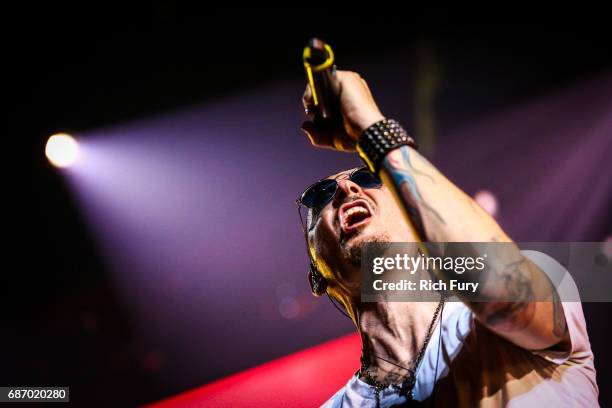 Chester Bennington of Linkin Park performs on stage at the iHeartRadio Album Release Party presented by State Farm at the iHeartRadio Theater Los...