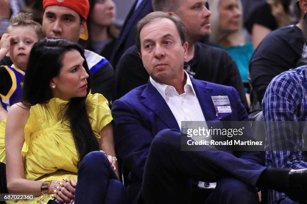 Majority owner of the Golden State Warriors Joseph S. Lacob and fiancée, Nicole Curran, attend Game Four of the 2017 NBA Western Conference Finals...