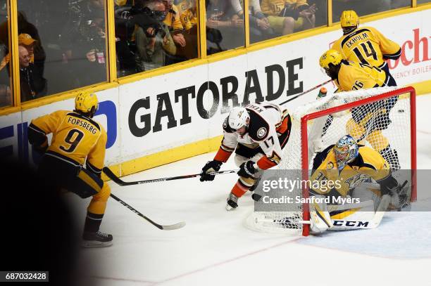 Pekka Rinne of the Nashville Predators defends against Ryan Kesler of the Anaheim Ducks during the second period in Game Six of the Western...