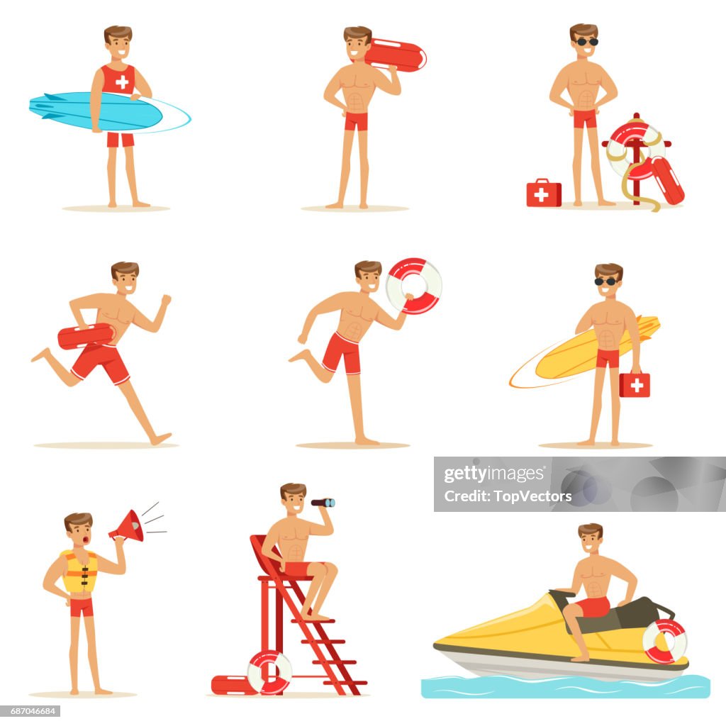 Lifeguard Man Character Doing His Job Water Rescue Vector Illustrations ...