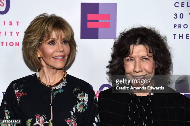 Actresses Jane Fonda and Lily Tomlin arrive at the Feminist Majority Foundation 30th Anniversary Celebration at the Directors Guild Of America on May...