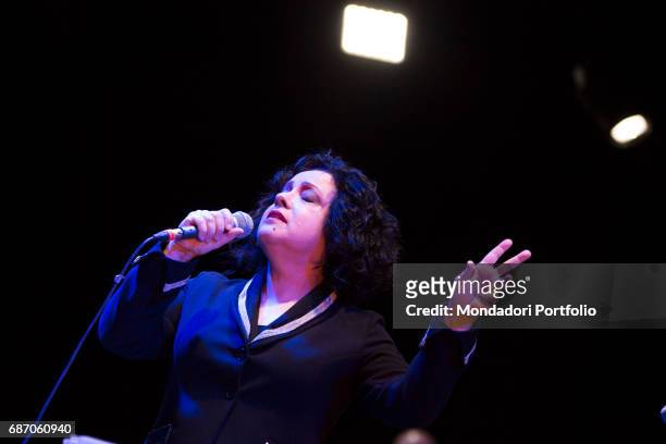 Singer Antonella Ruggiero performing with the Banda cittadina di Iseo at the Teatro Mucchetti in a original Christmas concert. Adro, Italy. 11th...