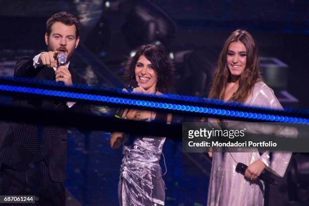 Singer-songwriter Giorgia , singer Gaia Gozzi and TV host Alessandro Cattelan at the final live show of series 10 of X Factor at Mediolanum Forum of...