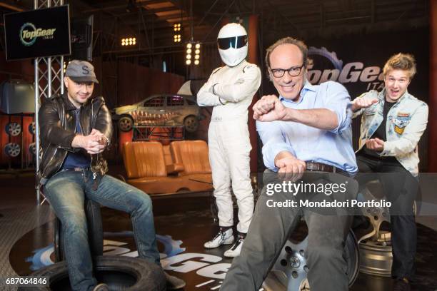 Personality and entrepreneur Joe Bastianich, racing driver Davide Valsecchi, racing driver The Stig and commentator Guido Meda in the backstage of...