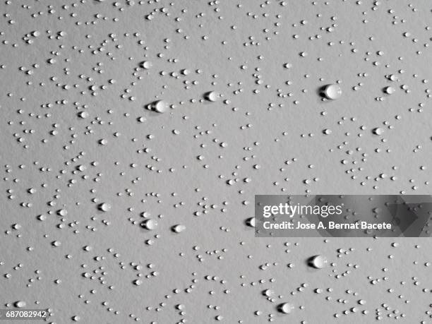 full frame of the textures formed by the bubbles and drops, on a smooth gray background - goutte de pluie photos et images de collection