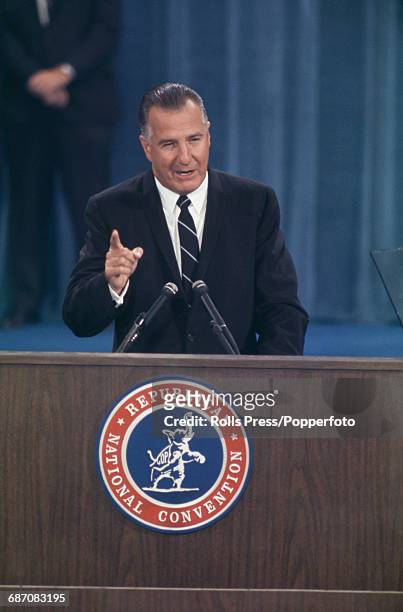 American politician and Governor of Maryland, Spiro Agnew delivers a speech of thanks from the podium after winning the Republican nomination for...