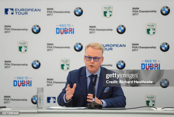 European Tour CEO Keith Pelley speaks to the media during a press conference ahead of the BMW PGA Championship at Wentworth on May 23, 2017 in...