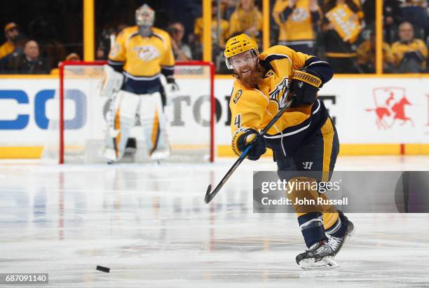 Ryan Ellis of the Nashville Predators shoots the puck against the Anaheim Ducks in Game Three of the Western Conference Final during the 2017 NHL...