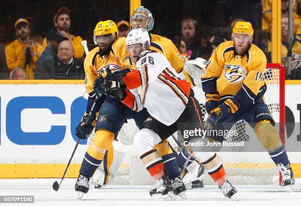 Ondrej Kase of the Anaheim Ducks battles against P.K. Subban of the Nashville Predators in Game Three of the Western Conference Final during the 2017...