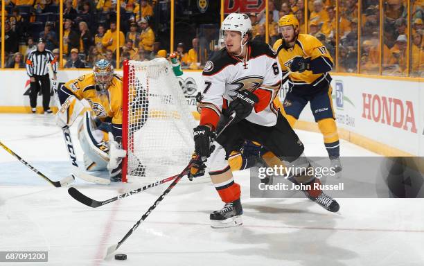 Rickard Rakell of the Anaheim Ducks skates against the Nashville Predators in Game Three of the Western Conference Final during the 2017 NHL Stanley...