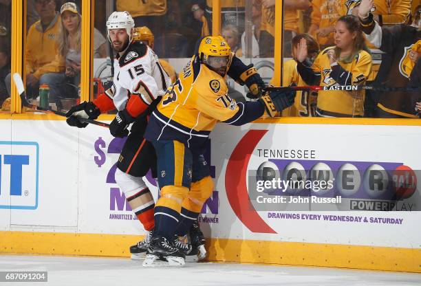 Subban of the Nashville Predators skates against Ryan Getzlaf of the Anaheim Ducks in Game Three of the Western Conference Final during the 2017 NHL...