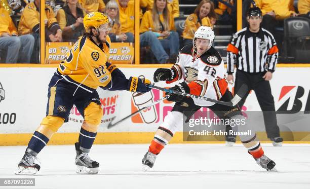 Ryan Johansen of the Nashville Predators skates against Josh Manson of the Anaheim Ducks in Game Three of the Western Conference Final during the...