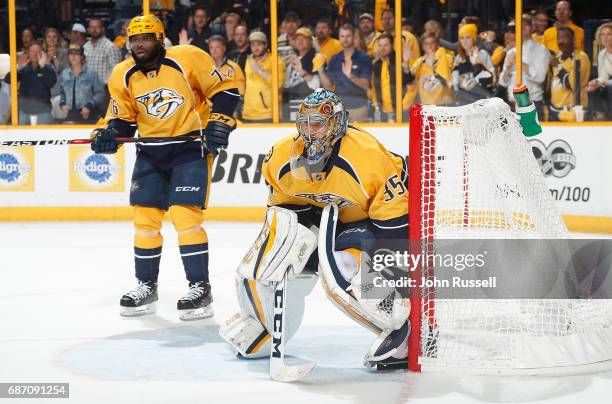 Pekka Rinne of the Nashville Predators tends net against the Anaheim Ducks in Game Three of the Western Conference Final during the 2017 NHL Stanley...