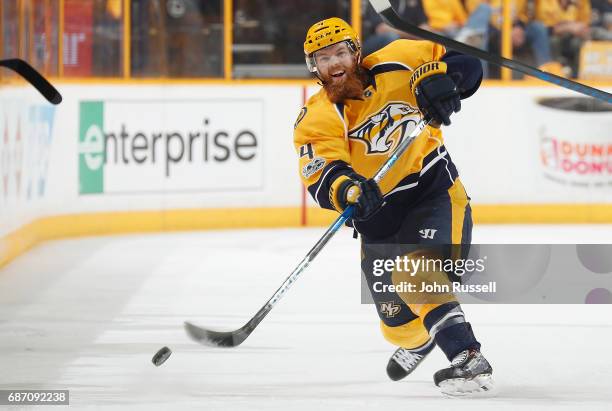 Ryan Ellis of the Nashville Predators shoots the puck in the zone against the Anaheim Ducks in Game Four of the Western Conference Final during the...