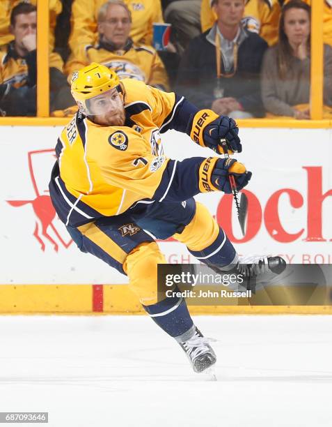 Yannick Weber of the Nashville Predators skates against the Anaheim Ducks in Game Four of the Western Conference Final during the 2017 NHL Stanley...