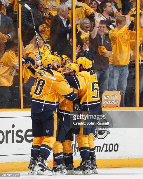 The Nashville Predators celebrate a goal against the Anaheim Ducks in Game Four of the Western Conference Final during the 2017 NHL Stanley Cup...