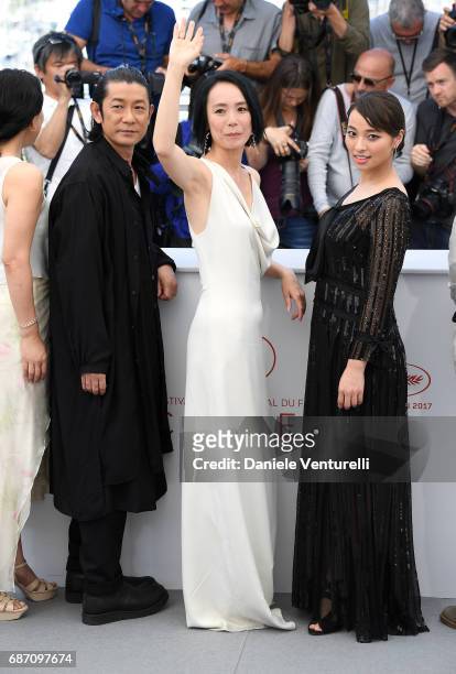 Actress Misuzu Kanno, actors Nagase Masatoshi, Director Naomi Kawase and Ayame Misaki attend the "Hikari " photocall during the 70th annual Cannes...