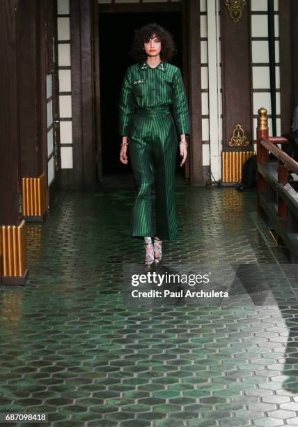 Model walks the runway in Wolk Morais Collection 5 Fashion Show at Yamashiro Hollywood on May 22, 2017 in Los Angeles, California.