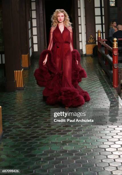 Model walks the runway in Wolk Morais Collection 5 Fashion Show at Yamashiro Hollywood on May 22, 2017 in Los Angeles, California.