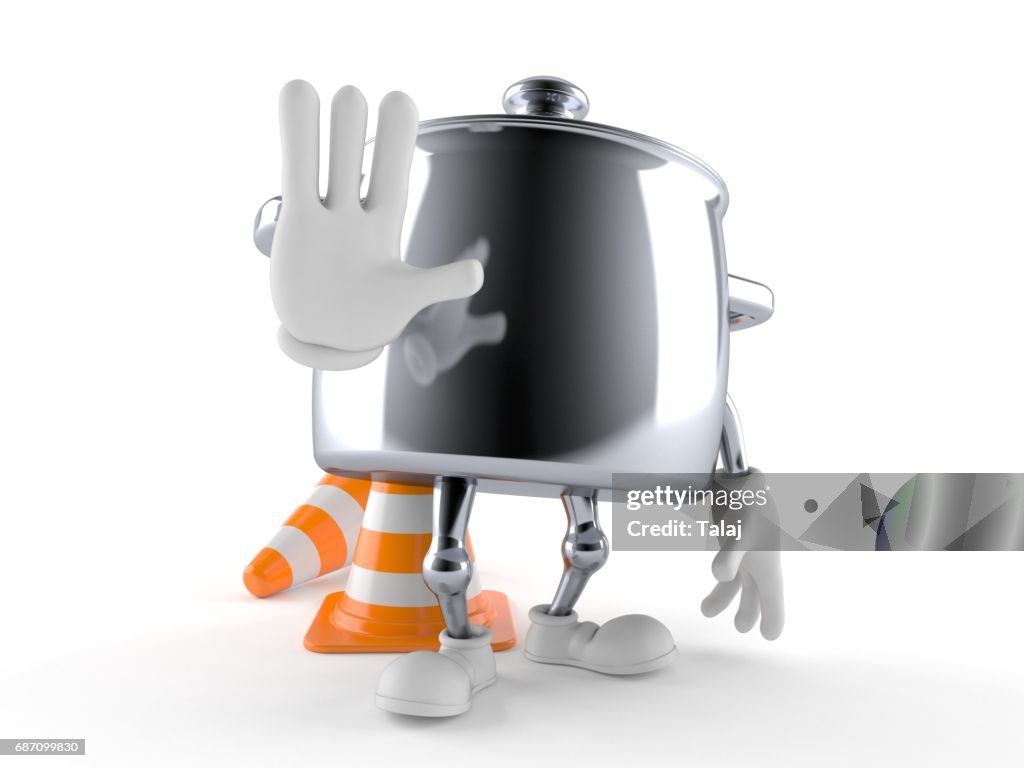 Kitchen pot character making stop gesture