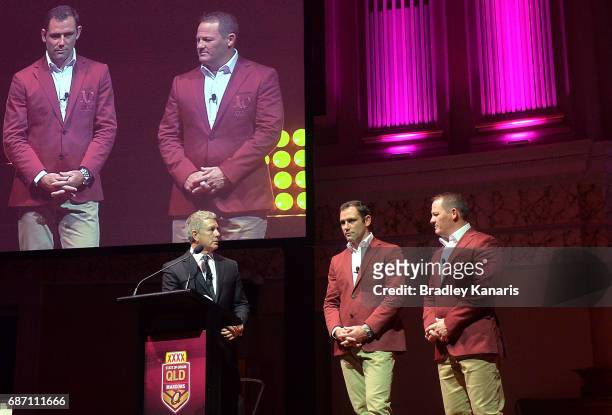 Coach Kevin Walters and team captain Cameron Smith speak during the Queensland Maroons State of Origin official launch at the Brisbane City Town Hall...