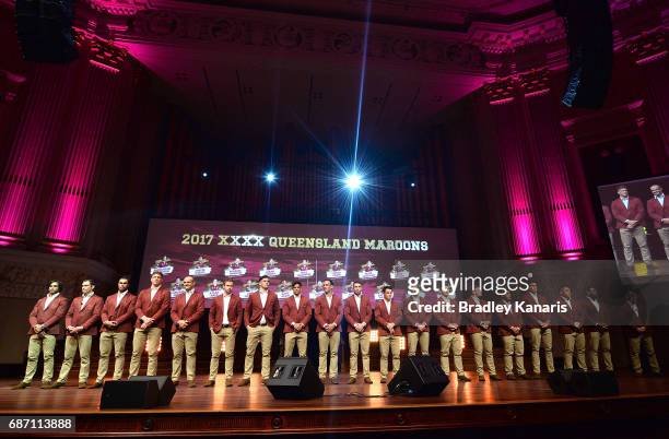 The Maroons team pose for a photo during the Queensland Maroons State of Origin official launch at the Brisbane City Town Hall on May 23, 2017 in...