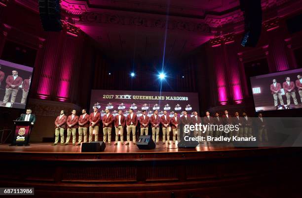 The Maroons team pose for a photo during the Queensland Maroons State of Origin official launch at the Brisbane City Town Hall on May 23, 2017 in...