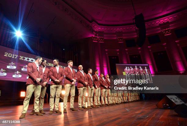 The Maroons team pose for a photo during the Queensland Maroons State of Origin official launch at the Brisbane City Town Hall on May 23, 2017 in...
