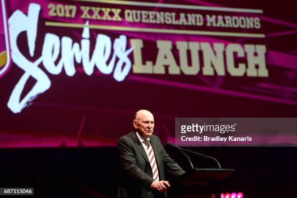Bruce Hatcher speaks during the Queensland Maroons State of Origin official launch at the Brisbane City Town Hall on May 23, 2017 in Brisbane,...