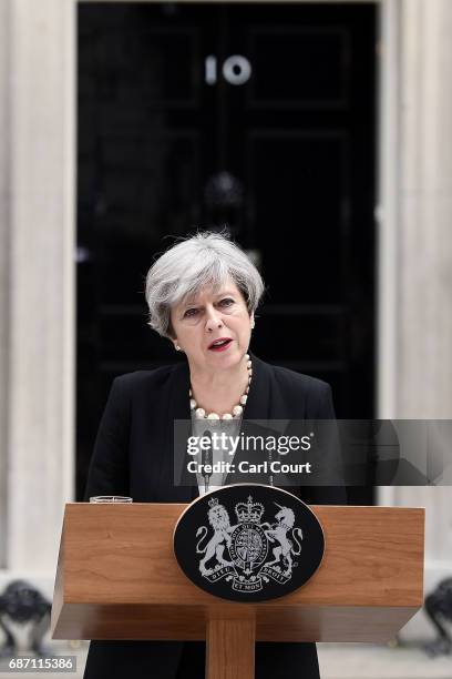 Britain's Prime Minister Theresa May speaks to the media after chairing a meeting of the Governments emergency COBRA committee at Downing Street on...