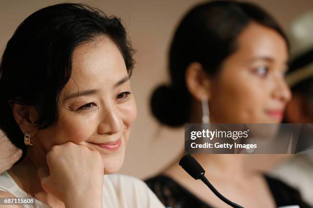 Actress Misuzu Kanno and actress Ayame Misaki attend the "Hikari " press conference during the 70th annual Cannes Film Festival at Palais des...