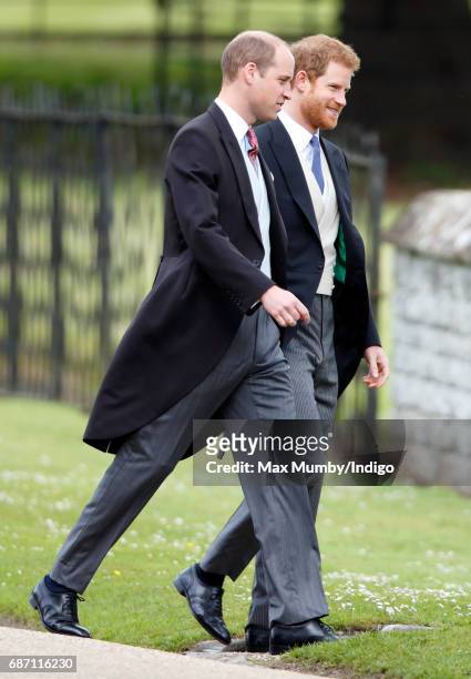 Prince William, Duke of Cambridge and Prince Harry attend the wedding of Pippa Middleton and James Matthews at St Mark's Church on May 20, 2017 in...