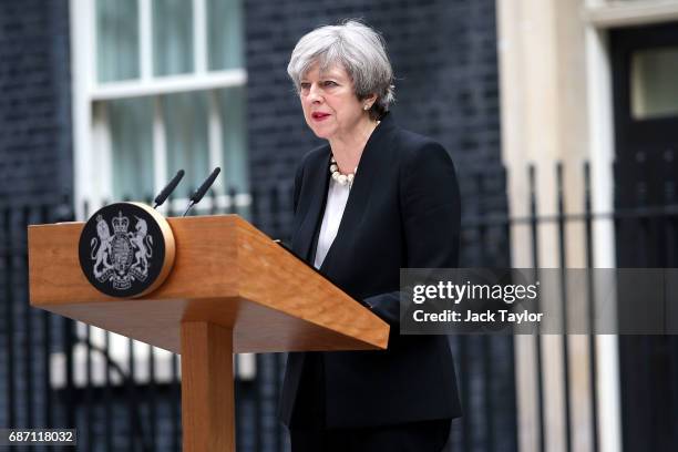 Britain's Prime Minister Theresa May speaks to the media after chairing a meeting of the Governments emergency COBRA committee at Downing Street on...