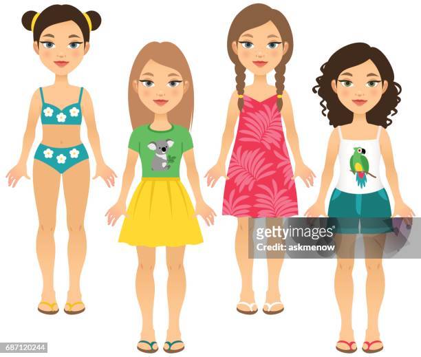 four girls in summer outfits - 13 year old girls in shorts stock illustrations