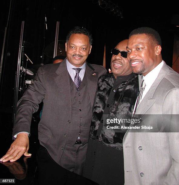 Reverend Jesse L. Jackson poses with singer Stevie Wonder and actor Chris Tucker during the Rainbow/PUSH Coalitions Fourth Annual Awards Dinner at...