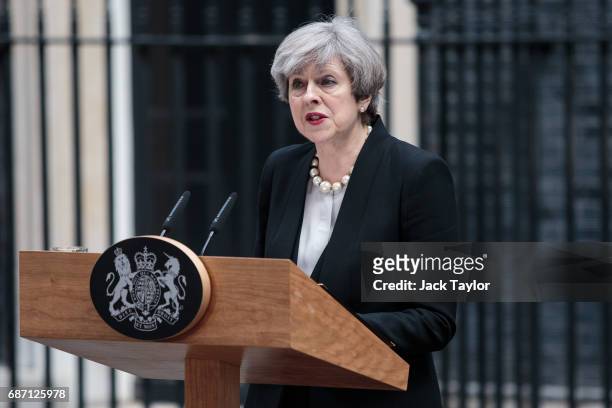 British Prime Minister Theresa May makes a statement in Downing Street after chairing a COBRA meeting on May 23, 2017 in London, England. 22 people,...