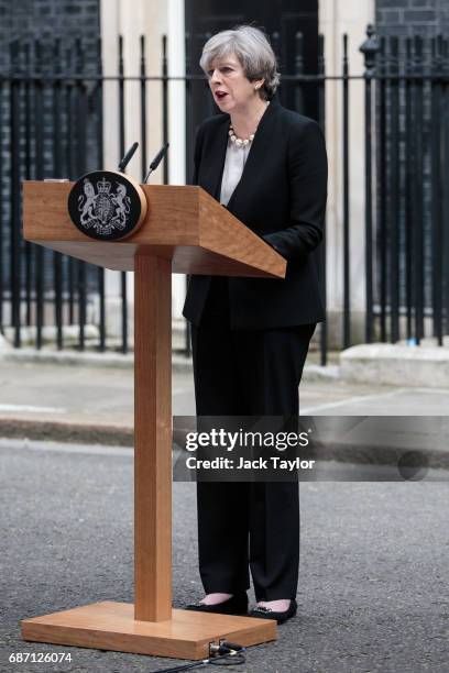 British Prime Minister Theresa May makes a statement in Downing Street after chairing a COBRA meeting on May 23, 2017 in London, England. 22 people,...