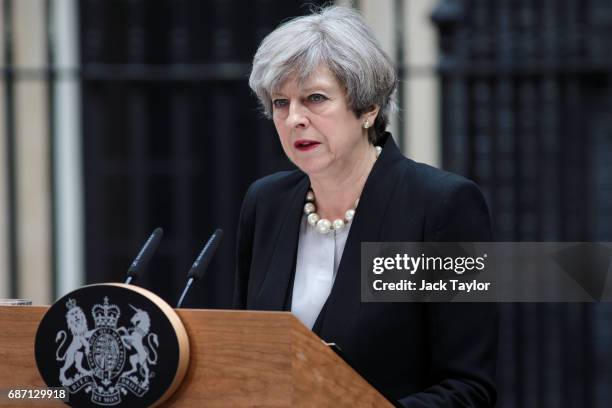 British Prime Minister Theresa May makes a statement in Downing Street after chairing a COBRA meeting on May 23, 2017 in London, England. 22 people,...