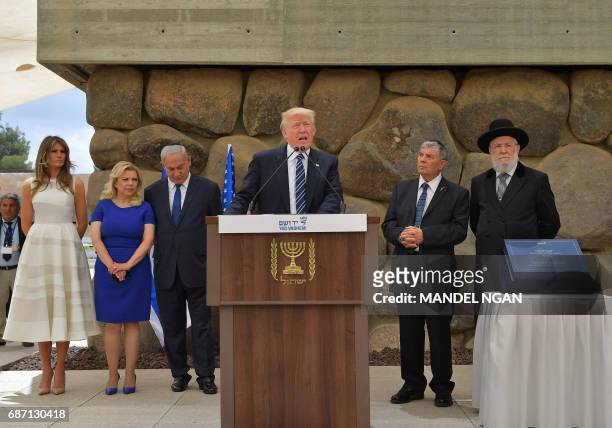 First Lady Melania Trump, Sara Netanyahu, Israel's Prime Minister Benjamin Netanyahu, Chairman of the Yad Vashem Holocaust Memorial Avner Shalev and...