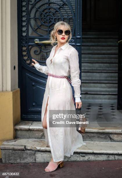 Camilla Kerslake wearing Esau Yori dress and Moy Atelier sunglasses at the 70th Annual Cannes Film Festival on May 23, 2017 in Cannes, France.