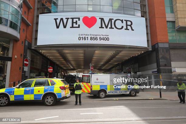 Police avacuate the Arndale Centre on May 23, 2017 in Manchester, England. An explosion occurred at Manchester Arena as concert goers were leaving...