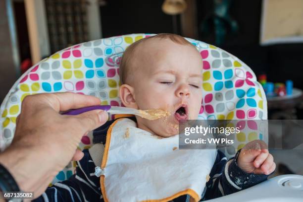 Baby girl is being spoon fed her dinner of pureed food and rejects a spoonful with a disgusted face.