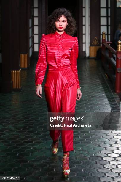 Model walks the runway in Wolk Morais Collection 5 Fashion Show at Yamashiro Hollywood on May 22, 2017 in Los Angeles, California.